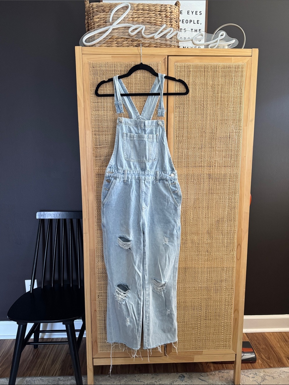 Pink Lily Light Wash Distressed Denim Overalls